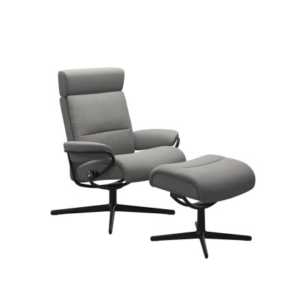 Stressless Tokyo Chair with Adjustable Headrest in Leather, Urban Cross Base with Footstool Stressless Tokyo Chair with Adjustable Headrest in Leather, Urban Cross Base with Footstool