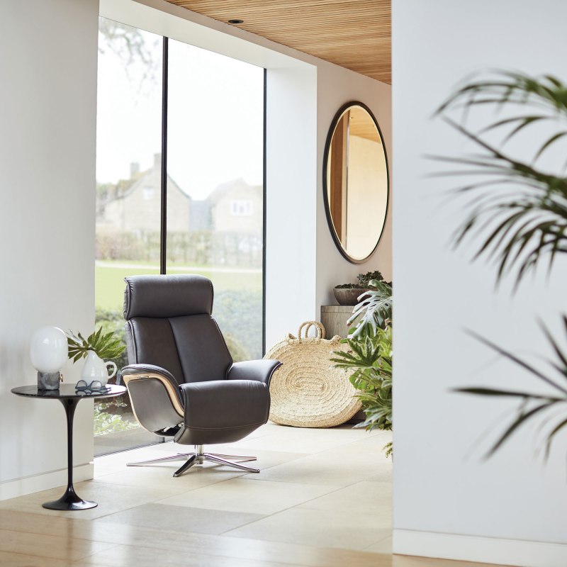 G Plan G Plan Oslo Power Recliner Chair with Veneered and Upholstered Side in Leather